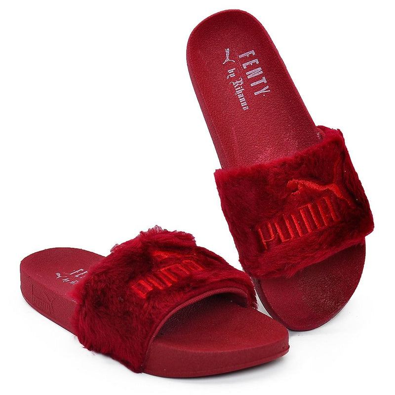 puma red fur slides