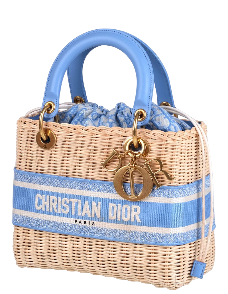 Lady Dior Natural Wicker & Light Blue Oblique Jacquard