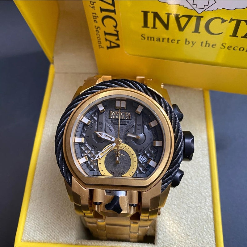 Relógio Masculino Invicta Zeus Magnum Preto Corda Linha Gold Pulseira de Aço