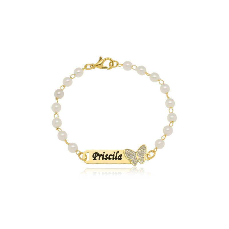 Pulseira Personalizada Com Perola e Nome Folheado em Ouro 18K