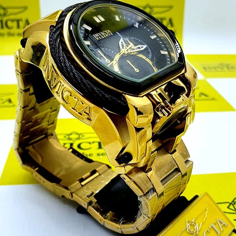 Relógio Masculino Invicta Zeus Magnum Preto Corda Linha Gold Pulseira de Aço